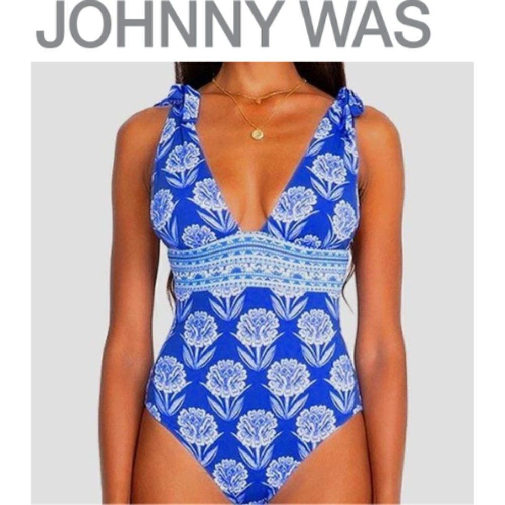 Johnny Was Women's Blue Yao Tie-Strap Floral One-Piece Swimsuit sz XXLAR…